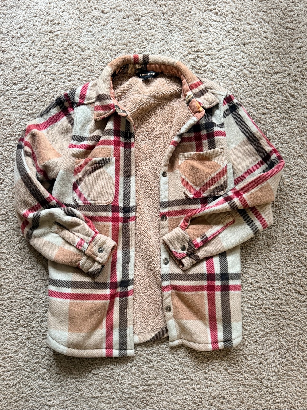Realtree Small Plaid Sherpa-Lined Shirt Jacket - Beige & Red